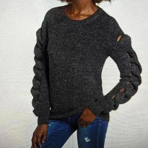 LEITH 164923 Women's Crew Neck Twist Sleeve Sweater Dark Gray Sz. XS - Picture 1 of 8